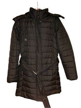 Banana Republic Black Quilted Mid length Puffer Coat Womens Small Faux Fur Hood